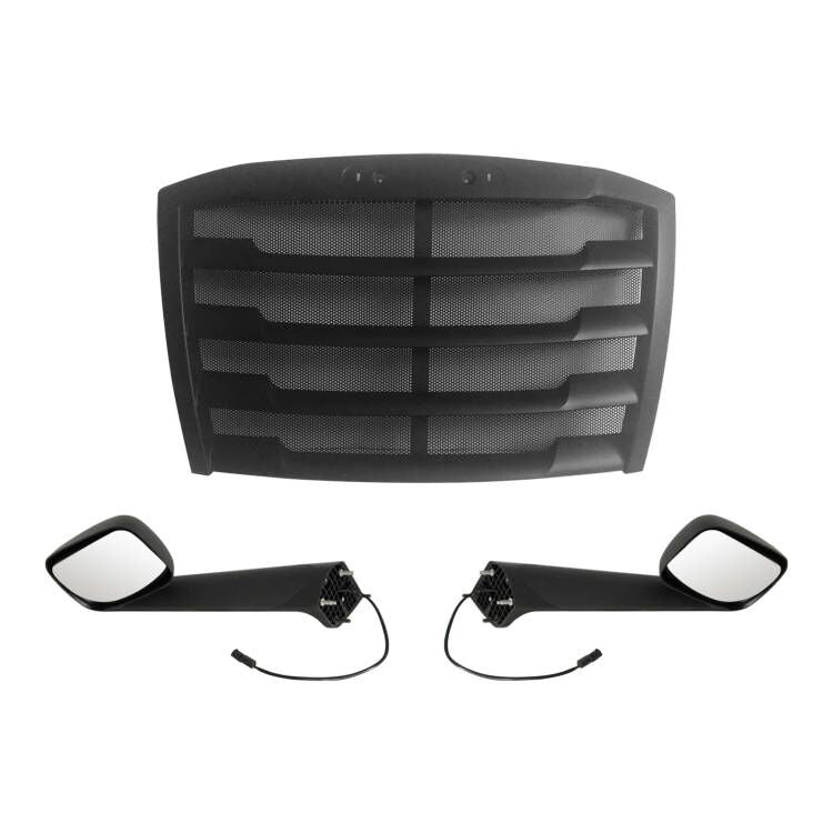 Front Black Hood Grille & Pair LH RH Heated Mirror Bundle Set For 2018-2023 Freightliner Cascadia